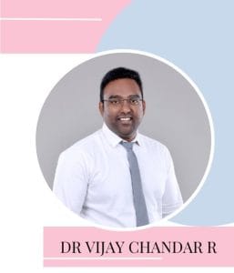 Dr Vijay chandar - Pathway Hospital Professional portrait of Dr Vijay Chander R, smiling, in a white shirt and gray tie, circular photo on a pastel backdrop.