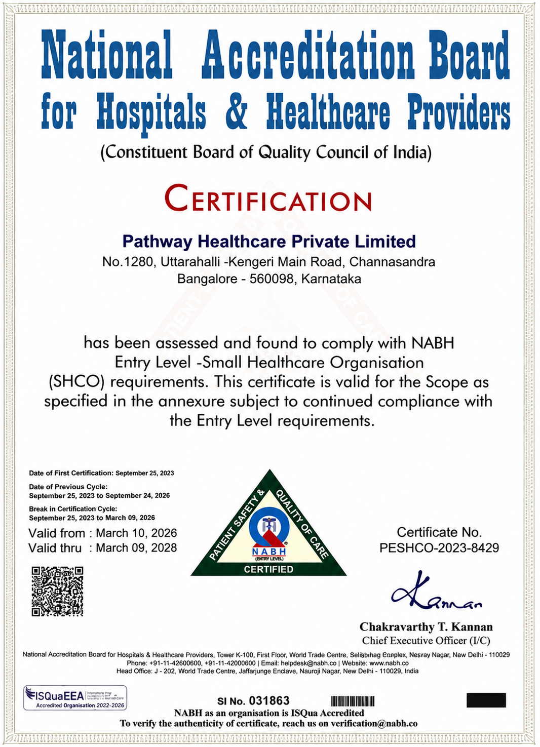 Pathway Hospital Accreditation Certificate