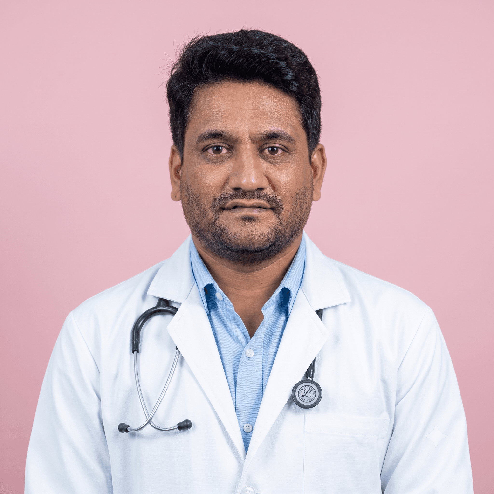 Close-up of a doctor in a white coat with a stethoscope, standing against a pink background.