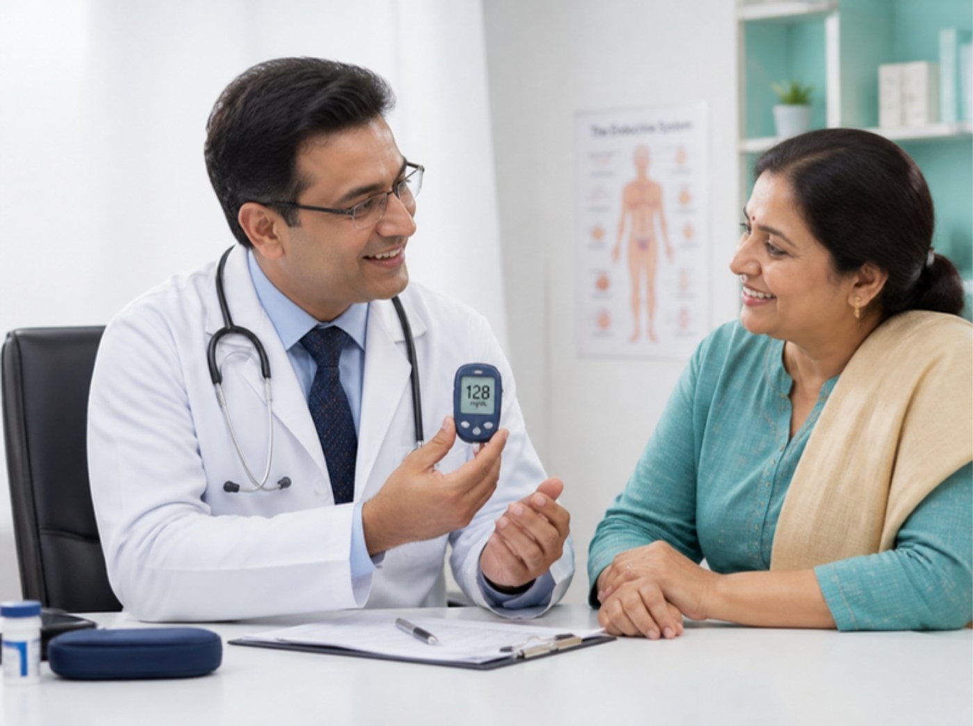 Endocrinology doctor explaining a blood sugar reading to a patient at Pathway Hospital Bengaluru