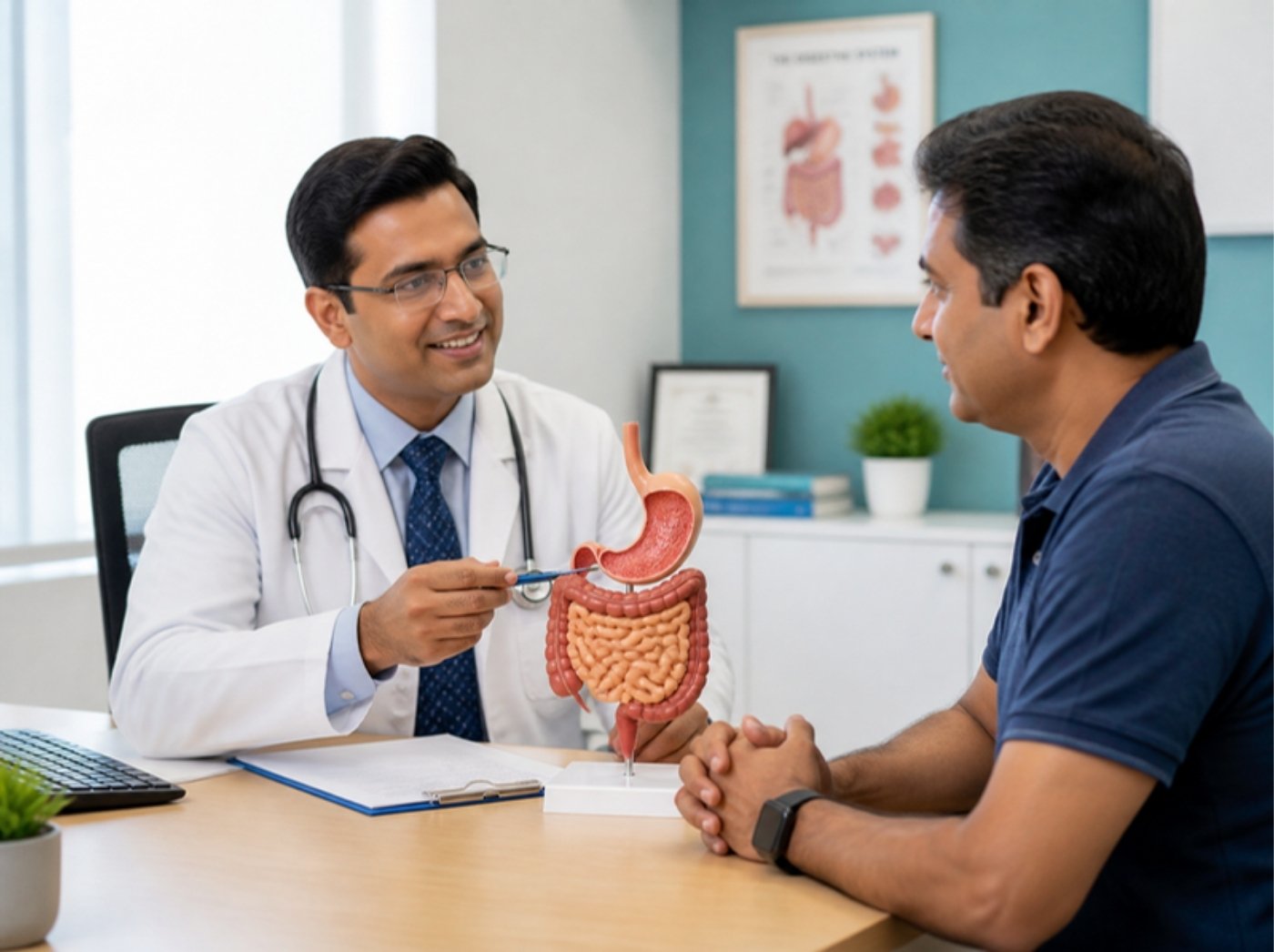 Gastroenterology doctor explaining digestive health to a patient at Pathway Hospital Bengaluru