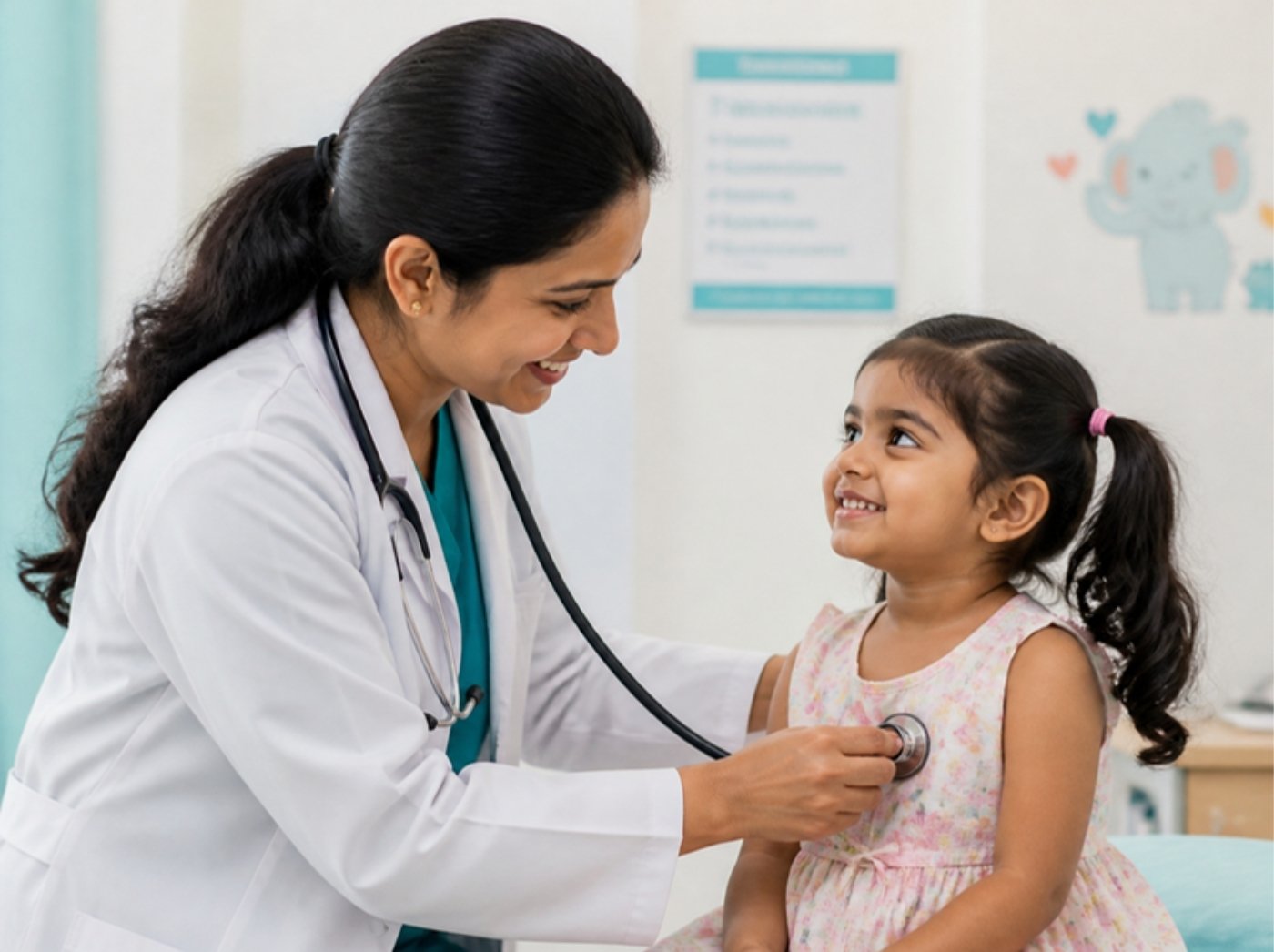 Indian pediatrician examining a little girl with a stethoscope at Pathway pediatric hospital RR Nagar Bengaluru