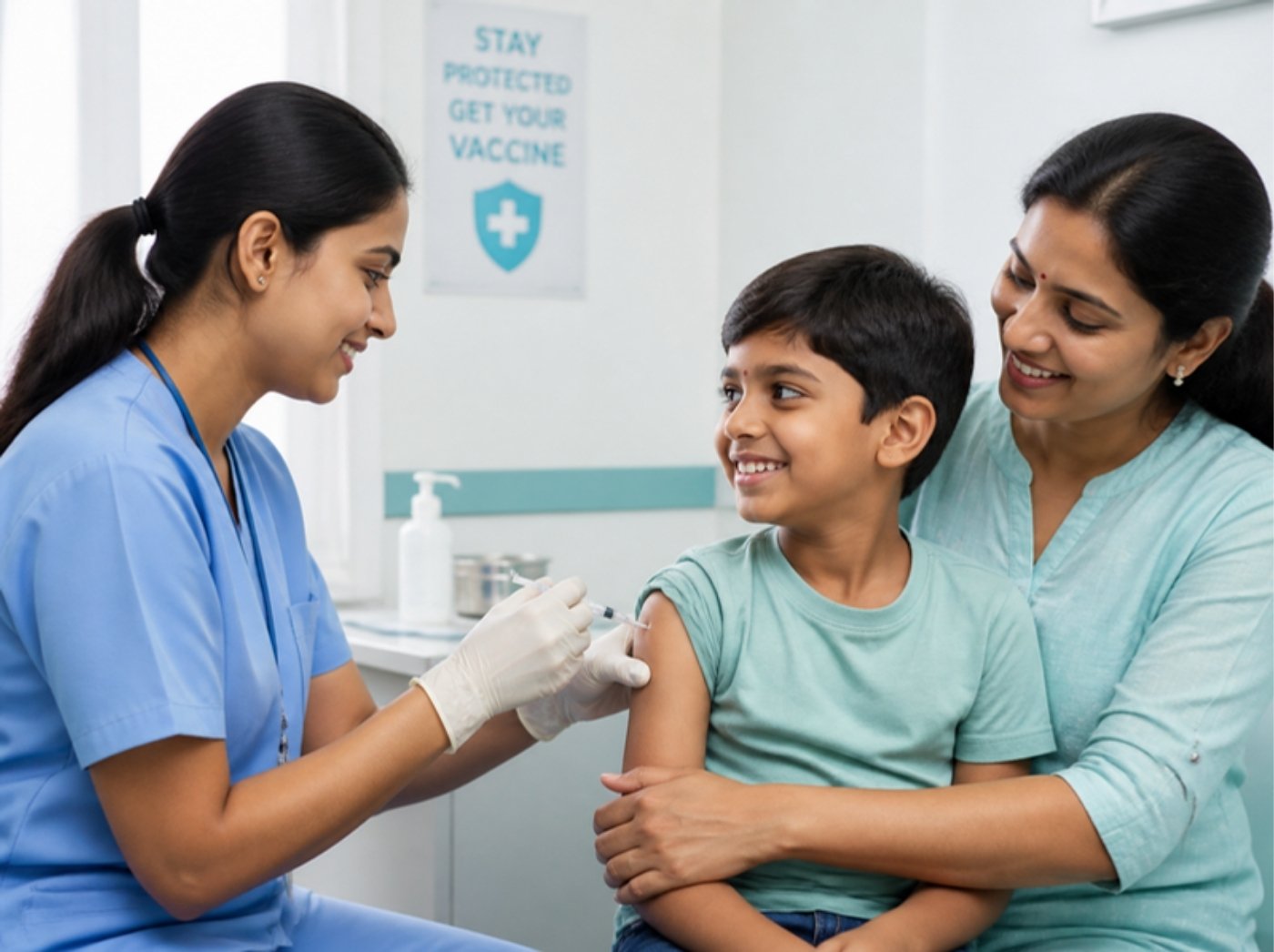 Nurse vaccinating a child at Pathway Hospital vaccination center RR Nagar Bengaluru